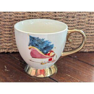 Ciroa-Luxe Christmas-Themed Ceramic Mug With Sleigh & Tree Design Gold Handle &